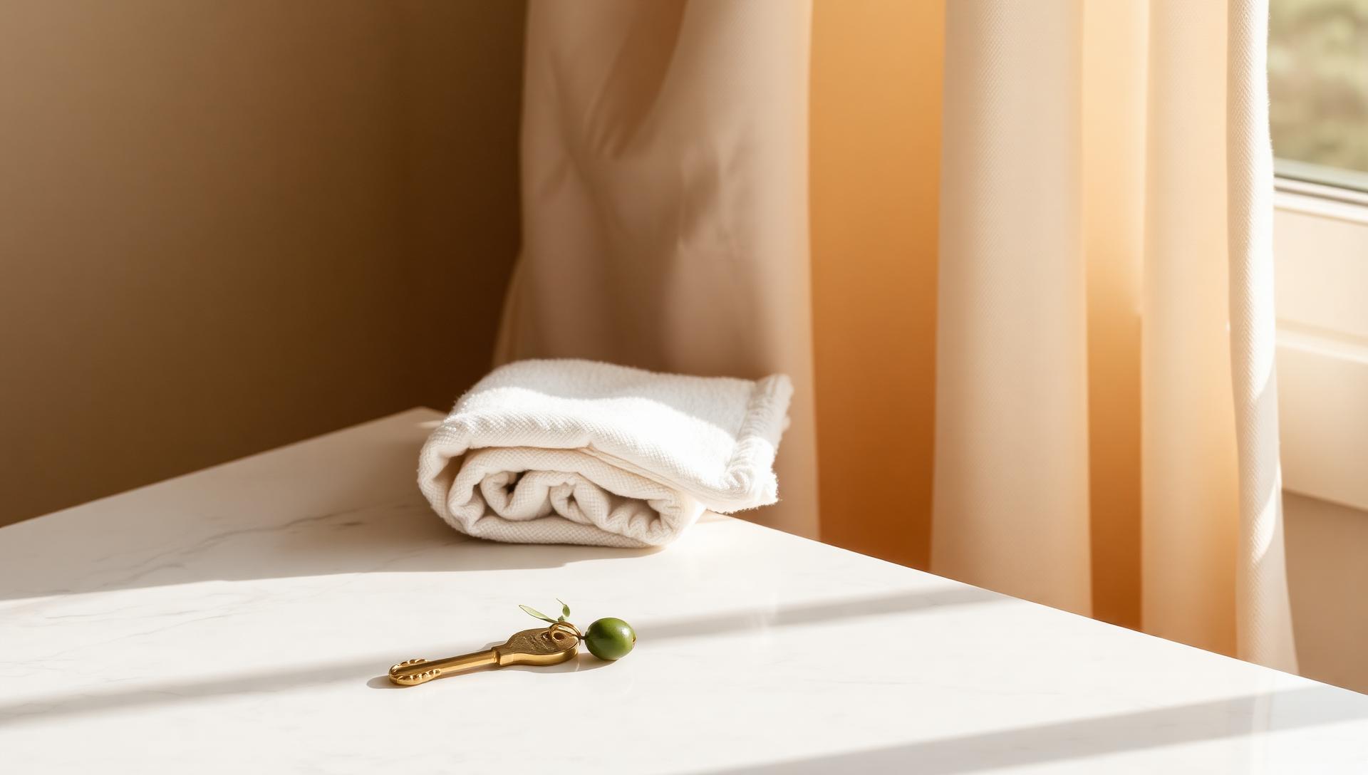 Folded white linen, brass key and olive sprig on marble — a quiet promise of premium care